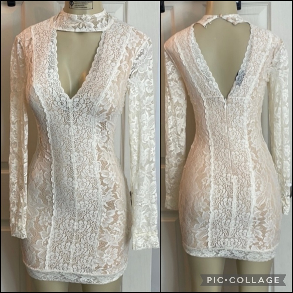 BEBE Cream Floral Lace Choker Mock Neck Mini Dress - Picture 6 of 12